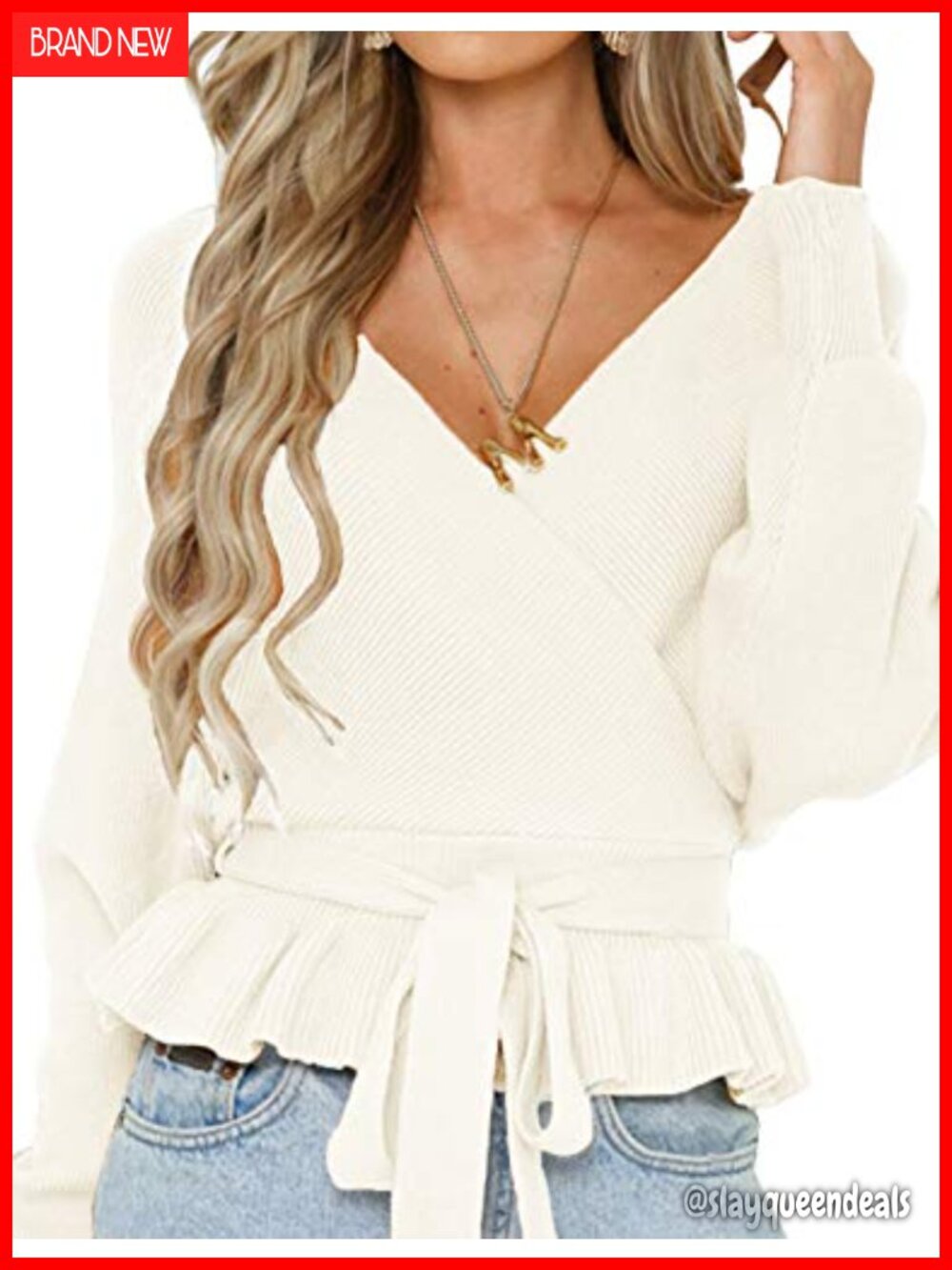 Wrap V Neck Belted Ruffle Sweater Top Batwing Sleeve Slim Fit Knit Pullover